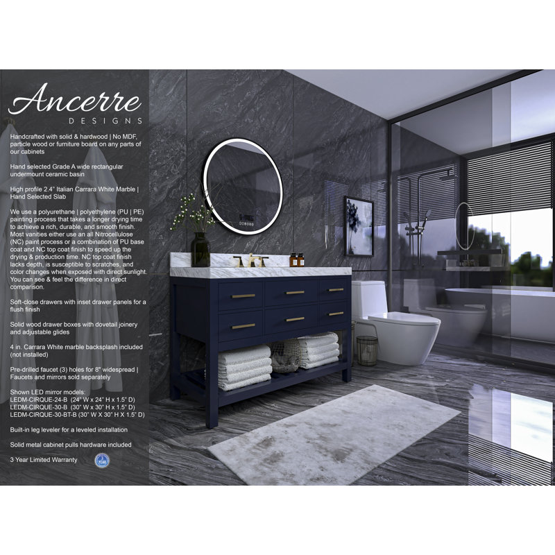 Elizabeth 48'' W Single Vanity, Carrara White Marble, Heritage Blue/Brushed Gold