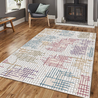 Luxurious Cotton Area Rug (4 ft x 6 ft), Cream, Blue, Red, Purple & Camel | 100% Cotton, 1.3 lbs/sq ft, 0.4 in Pile Height, Non-Slip PVC Underside, Antibacterial, Machine Washable | Perfect for Living Room & Bedroom Décor