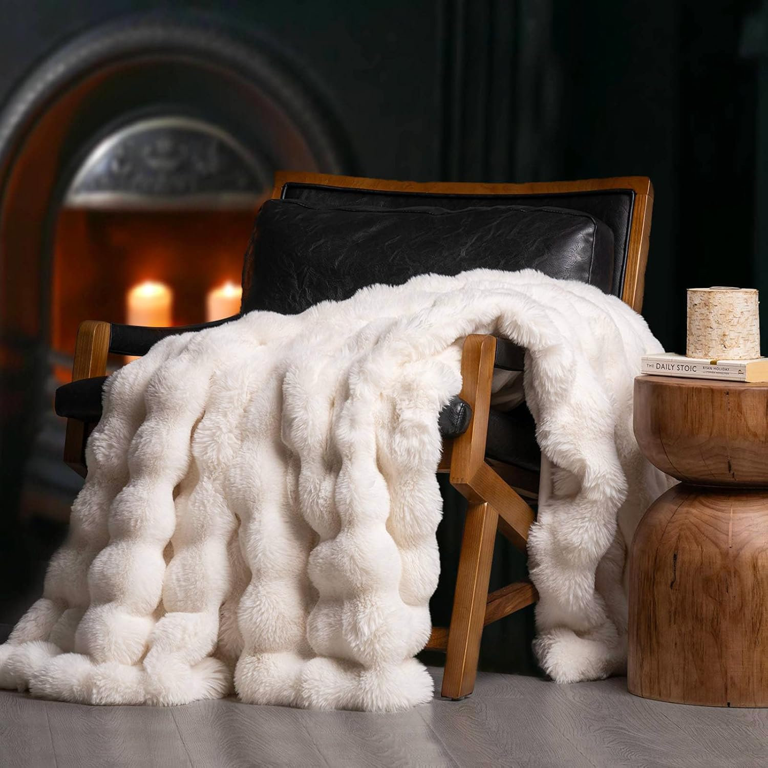 Faux Fur Weighted Throw Blanket, 80" L x 60" W, Ivory White