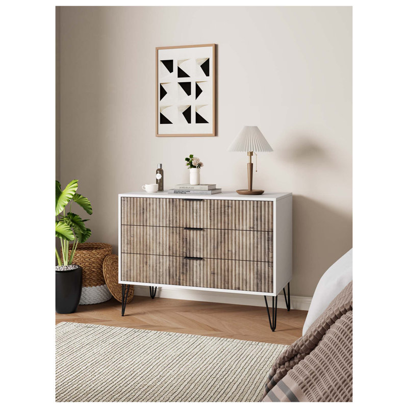Commode rustique grise et blanche avec poignées en métal doré - commode de rangement moderne et contemporaine, 3 tiroirs pleine extension, assemblage sans outil