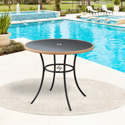 Table de salle à manger d'extérieur 35 po pour 4 personnes, table d'appoint ronde en osier avec plateau en verre trempé et structure en fer durable, pour terrasse, balcon, bord de piscine, noir