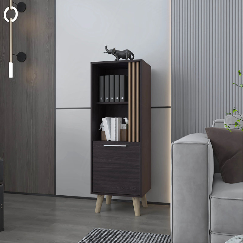 Armoire de rangement en wengé et chêne naturel avec porte et rangement ouvert