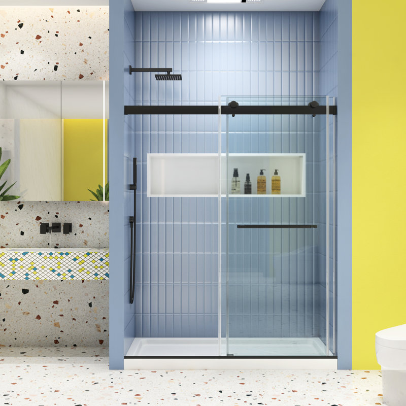 Porte de douche coulissante en verre trempé 5/16 po - Noir mat, Collision, Système de fermeture en verre noir à fermeture en douceur, Coulissante confortable, Fuite