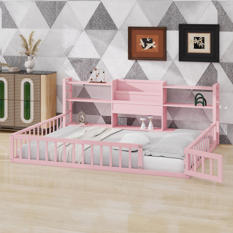 Base de lit à plancher bas avec clôture et tablettes de rangement à 3 niveaux, accès facile pour les tout-petits, Grand lit