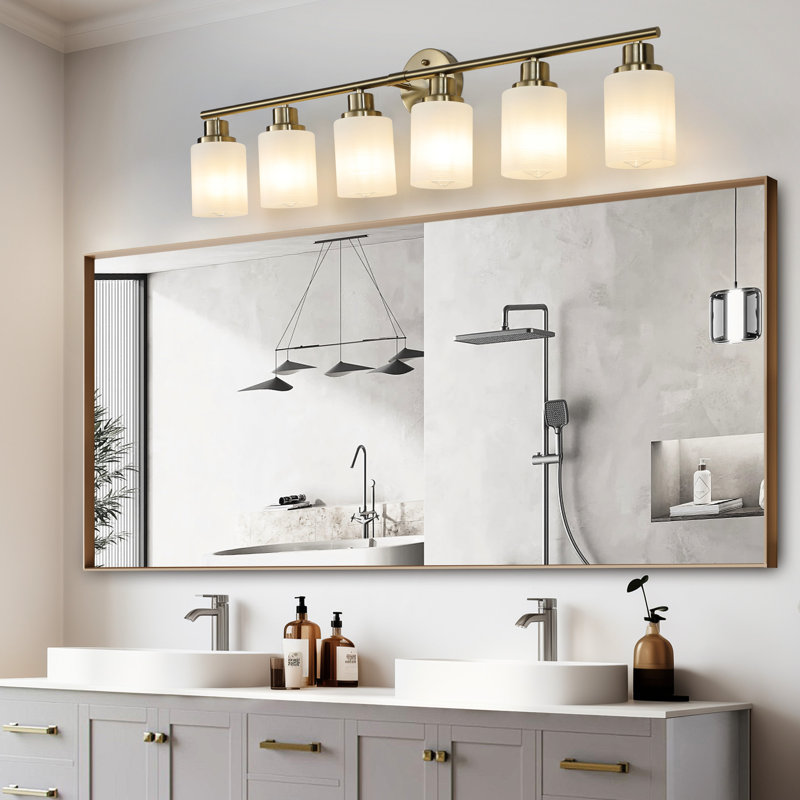 Modern Golden Bathroom Vanity Lighting, 6-, Frosted Glass Shades, Wall Mounted 6- Lamp Fixture,, 6 Lights, Golden