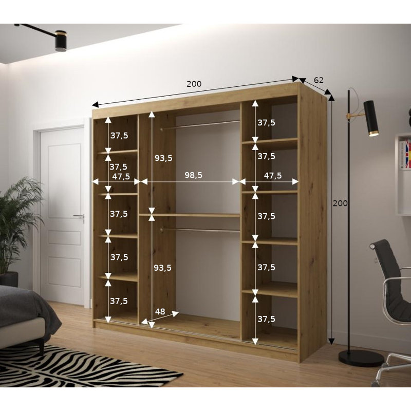Aroldo 2 Door Manufactured Wood Wardrobe, 200cm H x 200cm W x 62cm D, Brown/Black