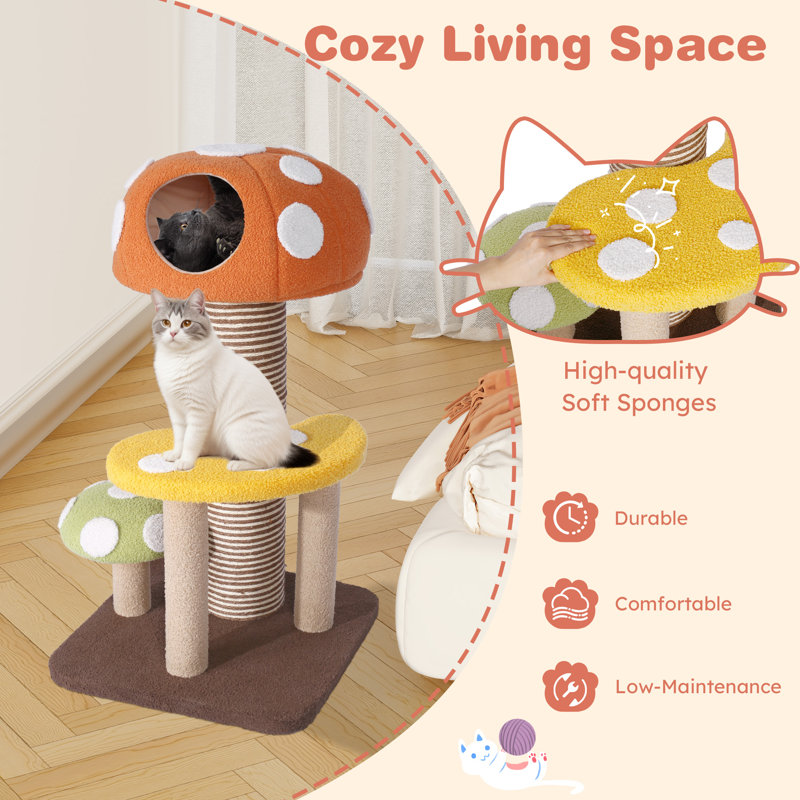 44"Whimsical Mushroom Cat Tree With Scratching Post And Cat Condo