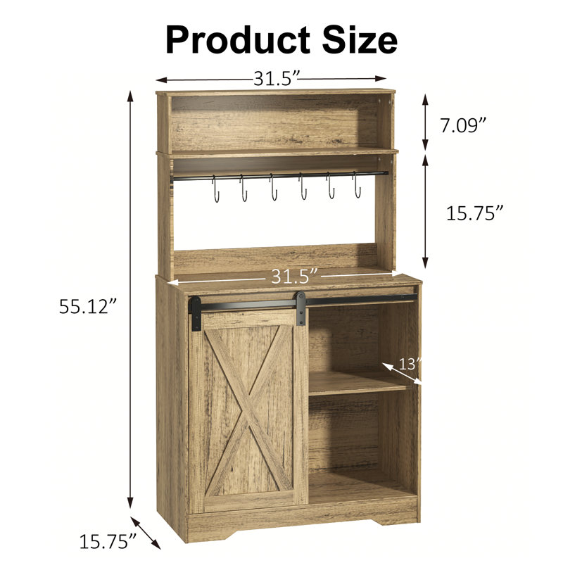55" Farmhouse Coffee Bar Hutch with LED Light, Storage & Sliding Barn Door, Natural Wood