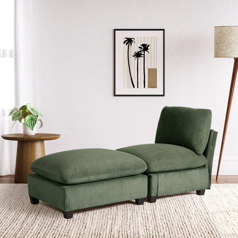 Canapé rembourré simple avec repose-pieds Corduroy, Vert