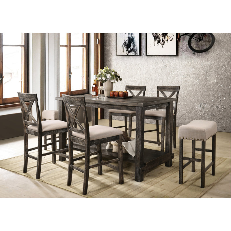 Table rectangulaire grise patinée pour la salle à manger - hauteur de comptoir, 6 places, hauteur de bois et tablettes multiples avec finition 6 places, surface en bois