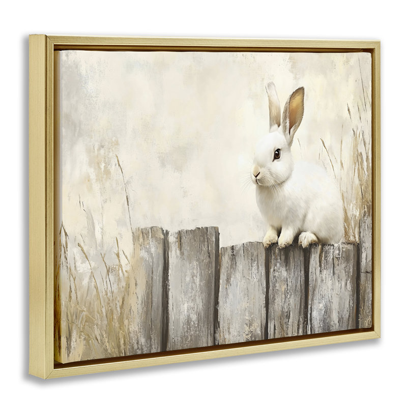 «Bunny On The Fence Floater», art mural par Franklyn Gregory, 25" H x 31" W, Cadre flottant métallique doré