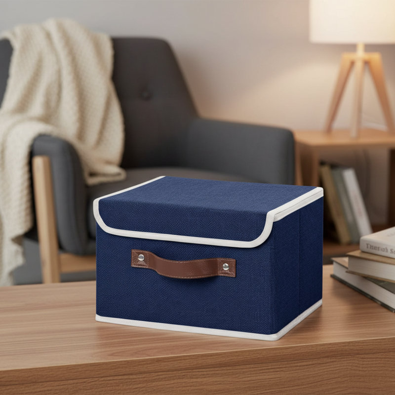 Large Blue Home Storage Box, Lidded & Collapsible, PU Handle PP Board Linen Material Storage, Blue