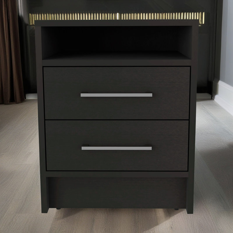Eter Compact Nightstand with Two Drawers and One Shelf, Minimalist Bedroom Bedside Storage, Black