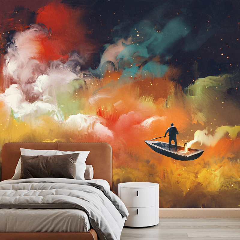 «Man on a Boat in The Outer Space» avec un grand papier peint autocollant amovible coloré, L 66 po x l 96 po