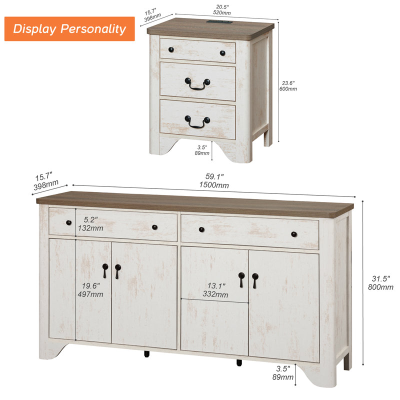 Ensemble de commode et table de chevet 2 pièces Glogau avec station de charge et tablettes réglables, Blanc