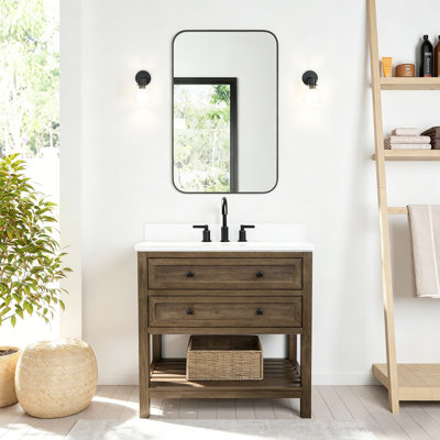 36" Freestanding Single Sink Warm Natural Fir Bathroom Vanity with 1" White Engineered Marble Top
