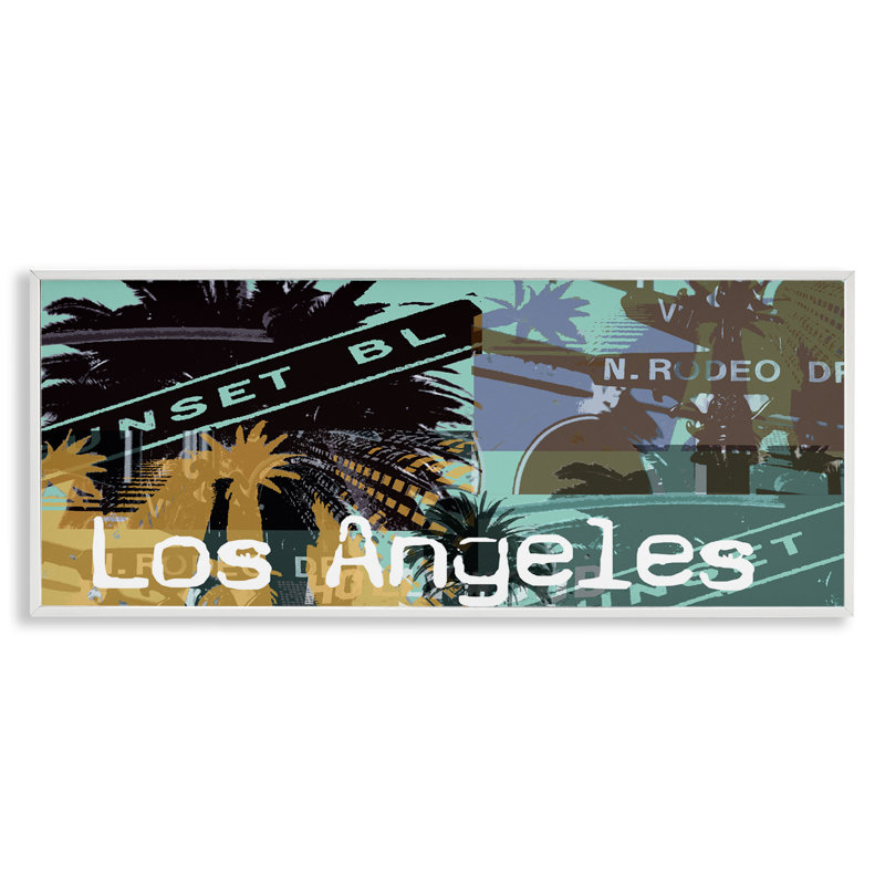 Los Angeles Travel Collage, estampe numérique de Jan Weiss, Estampe numérique encadrée blanc bord de mer, H 10 po x l 24 po