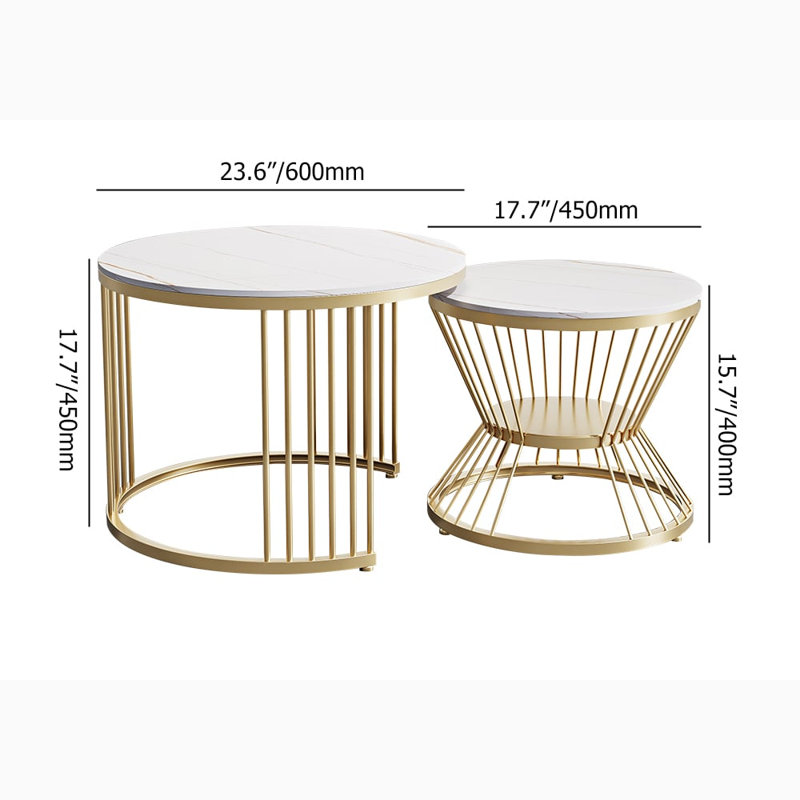 Round 2-Piece Nesting Set Sintered Stone Top White Coffee Table With Metal Frame