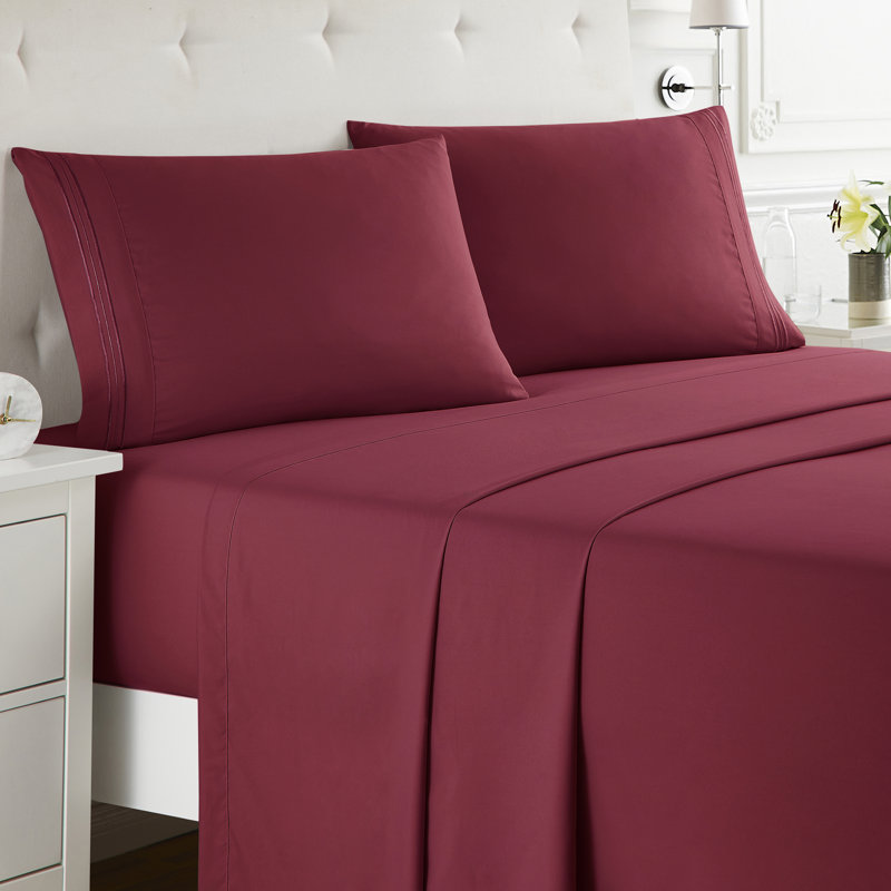  Ensemble de draps double brossé de luxe pour hôtel avec draps et taies d'oreiller très doux, Rouge Bourgogne, Simple TG
