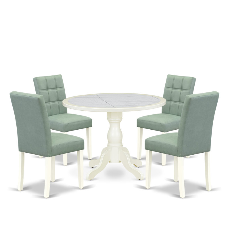 L'ensemble de salle à manger comprend une table ronde et 4 chaises de salle à manger en tissu de polyester vert saule avec dossier élégant - Lin blanc   