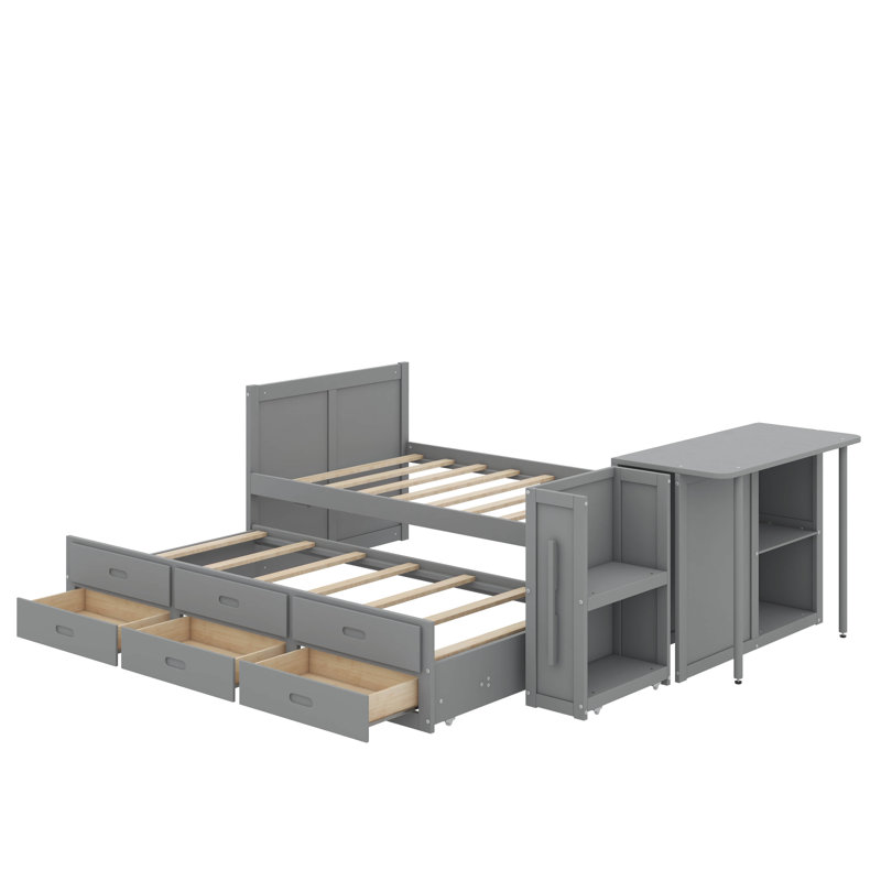 Lit plateforme simple en bois multifonctionnel avec bureau et tablette de rangement au bout du lit, lit gigogne intégré et 3 tiroirs