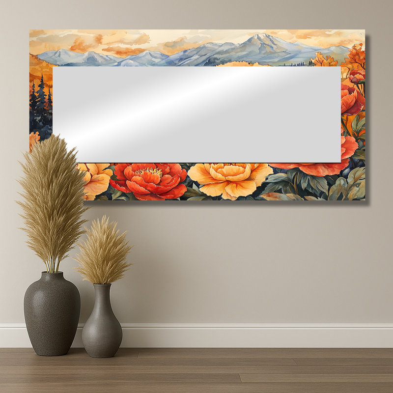 Pivoines dans les montagnes de l'automne I - Art mural miroir floral - imprimé sur métal, 28 po x 55 po