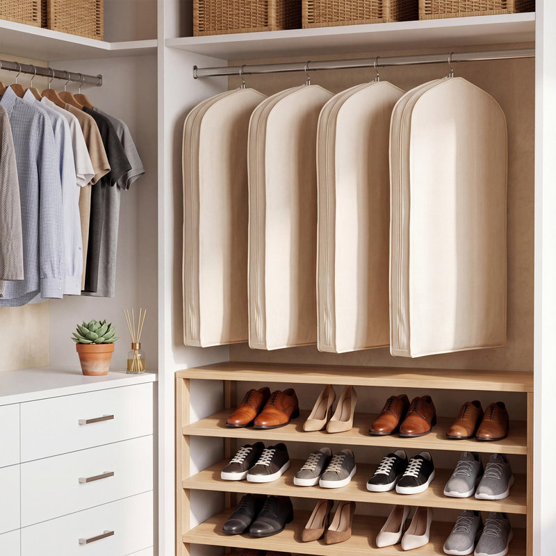 Paquet de 4 sacs à vêtements suspendus en coton, housses respirantes pour le rangement des placards, 42,5 po x 23,6 po, beige