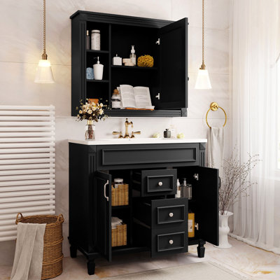 36'' Bathroom Vanity With Top Sink, Mirror Cabinet, Modern Bathroom Storage Cabinet With 2 Soft Closing Doors And 2 Drawers, Single Sink Bathroom Vanity