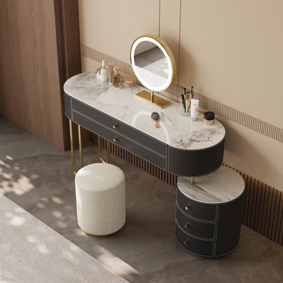 Jahnea Vanity-Elegant Set: Saddle Leather-Finished Top Vanity Table & Stool, Stainless Steel Support, Reversible Installation, and Dimmable LED Mirror by Everly Quinn