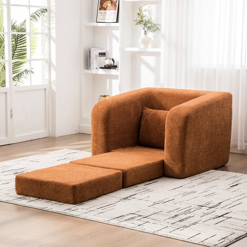 Lit en chenille orange pliable de 40 po avec coussin assorti et fonction 2 en 1, pour accoudoirs convertibles simples avec dortoir, oreiller, canapé-lit, salon, chambre à coucher