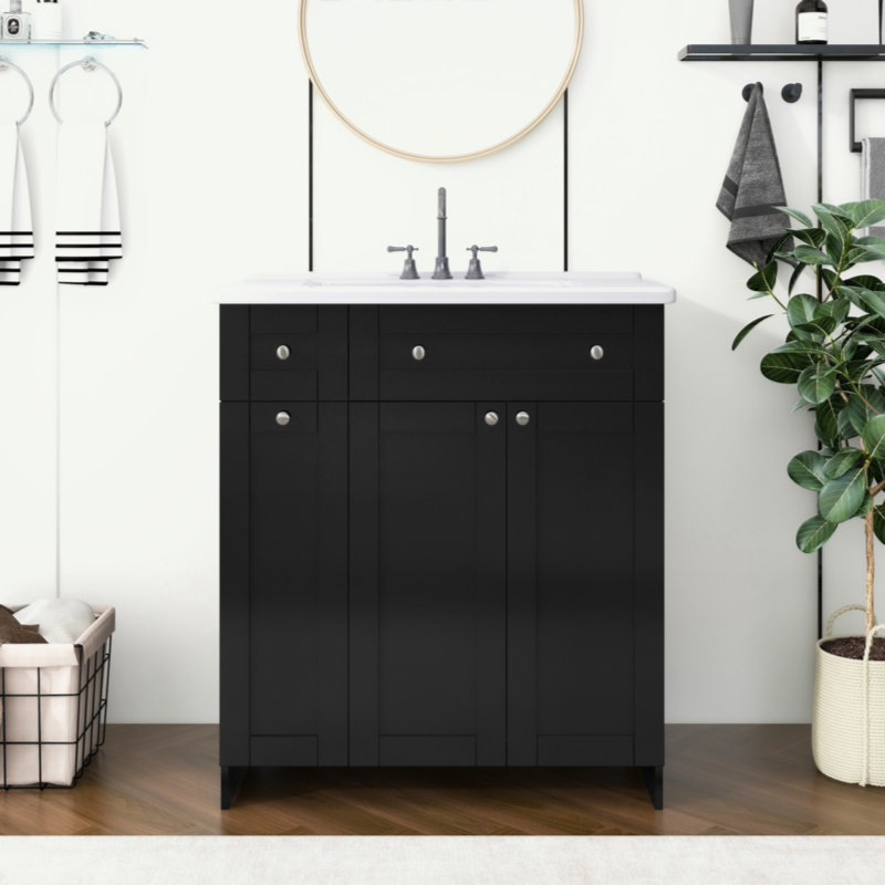 Ensemble de meuble-lavabo 30 po avec lavabo en céramique, armoire de rangement abondante - 2 portes à fermeture en douceur et tiroir profond à deux niveaux