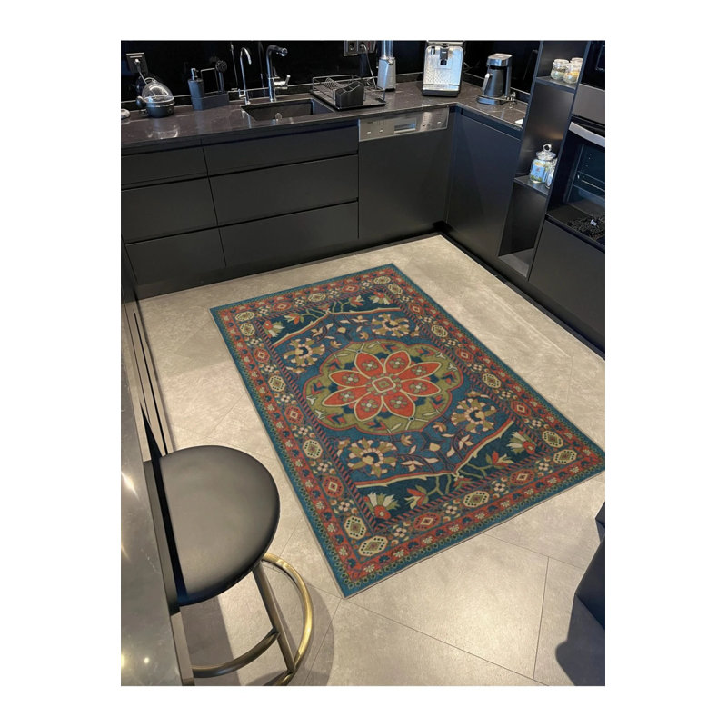 Green Floral Traditional Fluffy Woven Base Washable Carpet, Rectangle 4'8" x 6'7"