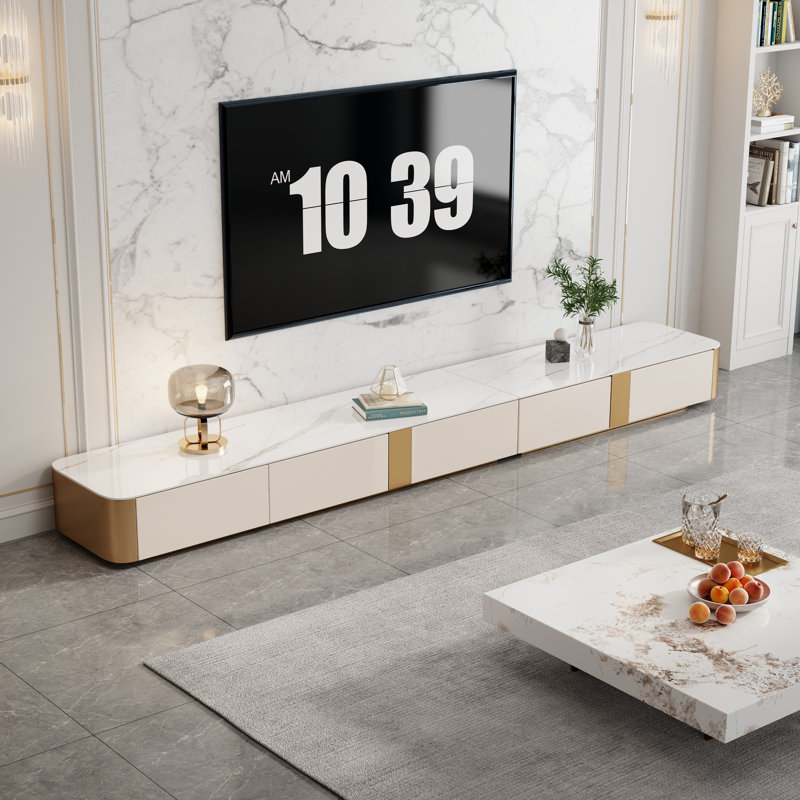 Meuble télé moderne, table en pierre frittée brillante, 6 tiroirs, 118.11"