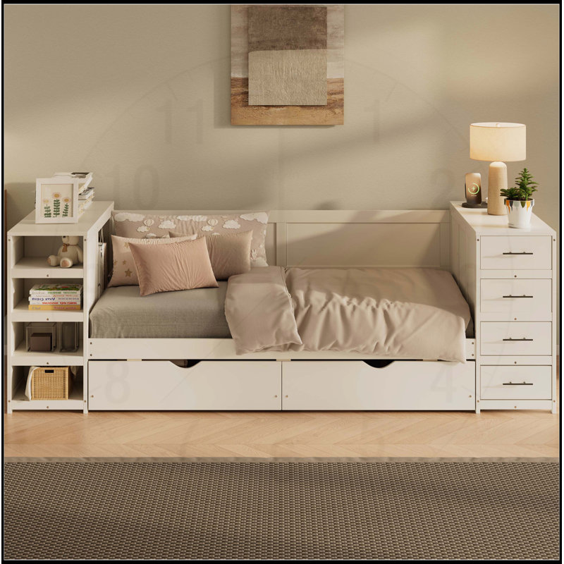 Lit de jour simple en bois blanc avec tablettes latérales, tiroirs et bureau multifonctionnel, idéal pour économiser de l'espace et vivre.