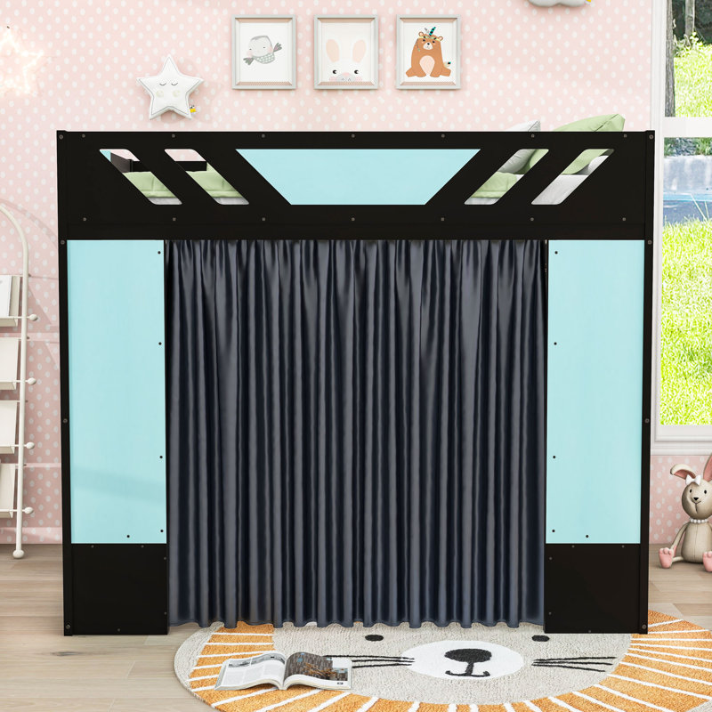 Full Wooden Loft Bed with Built-in Desk, Storage Shelves, Black/Blue