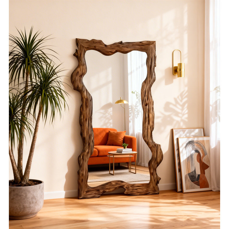 Retro Distressed Irregular-Edge Pine Frame High-Definition Full-Length Mirror, 70.87" H x 43.31" W