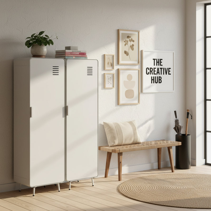 54.13" H Modern Metal Accent Cabinet with Hanging Rod & Shelves Tall Freestanding Wardrobe Storage Locker for Bedroom Living Room or Office(set of 2)