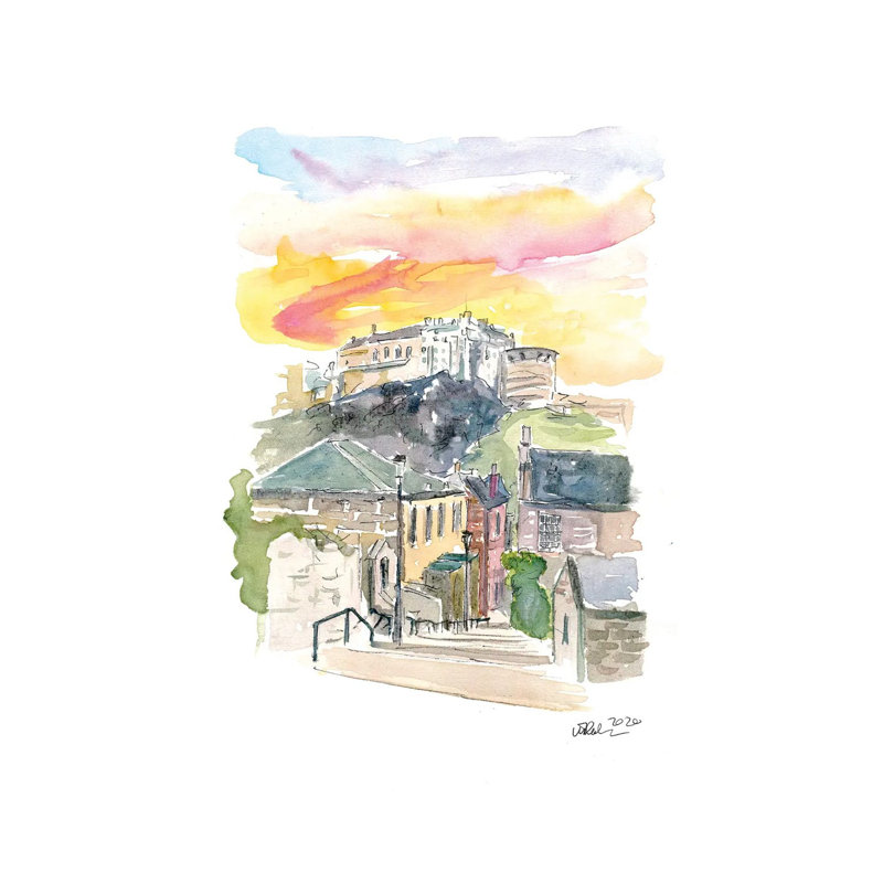 Édimbourg, Écosse, scène de rue avec château au coucher du soleil II par Markus et Martina Bleichner - peinture sur toile tendue