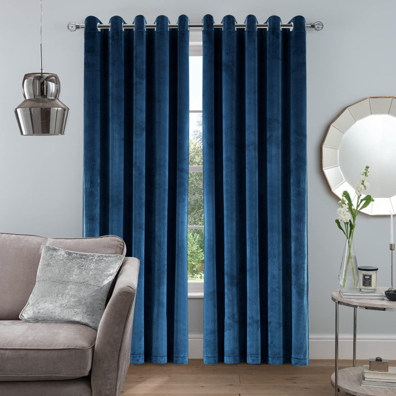 Safia 100% Crushed Velvet Eyelet Sheer Window Curtains, Blue Navy, 228 W x 228 D cm