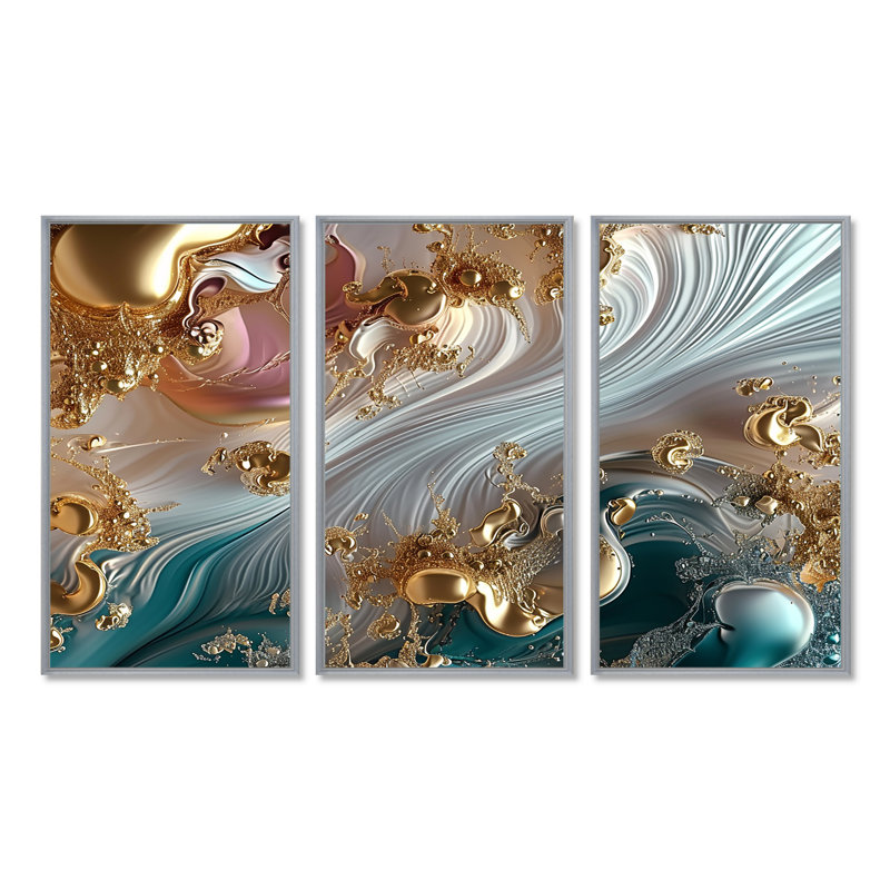 Liquide ruisseaux coucher de soleil rose turquoise or - ensemble d'art abstrait vagues modernes, Encadrement argenté
