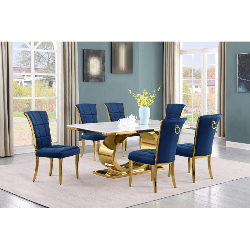 Bannister Marble Top Pedestal Dining Set, 7, Black/Gold, Gold
