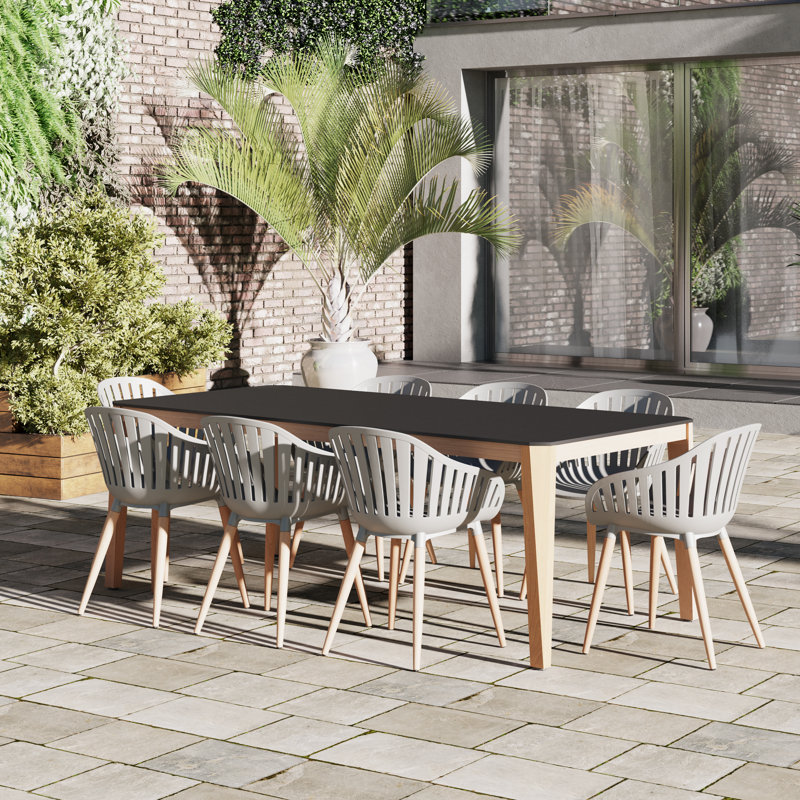 Lesther 9pc Outdoor Patio FSC Certified Wood and Resin dining set, 9 Piece