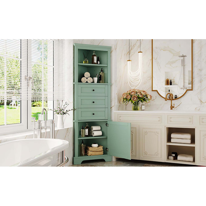 Triangle Tall Cabinet With 3 Drawers And Adjustable Shelves For Bathroom, Kitchen Or Living Room, MDF Board With Painted Finish
