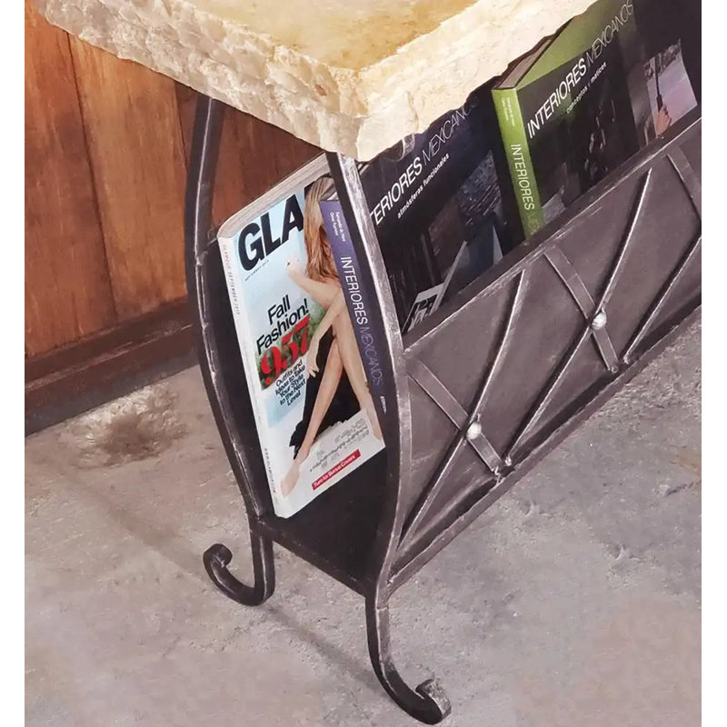 High End Wrought Iron Accent table with Cream Travertine top with Chisel Edge