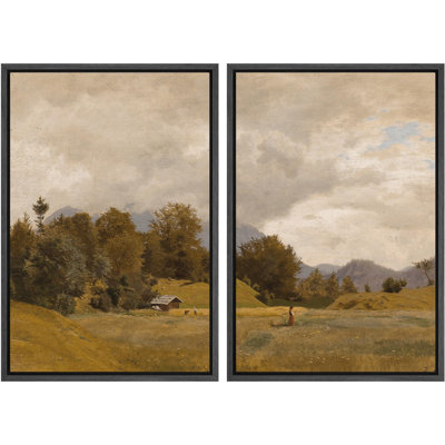 «Peaceful Pastoral Landscape Prints Rolling Hills & Farm Nature Wilderness Illustration Decor», 2 pièces sur toile