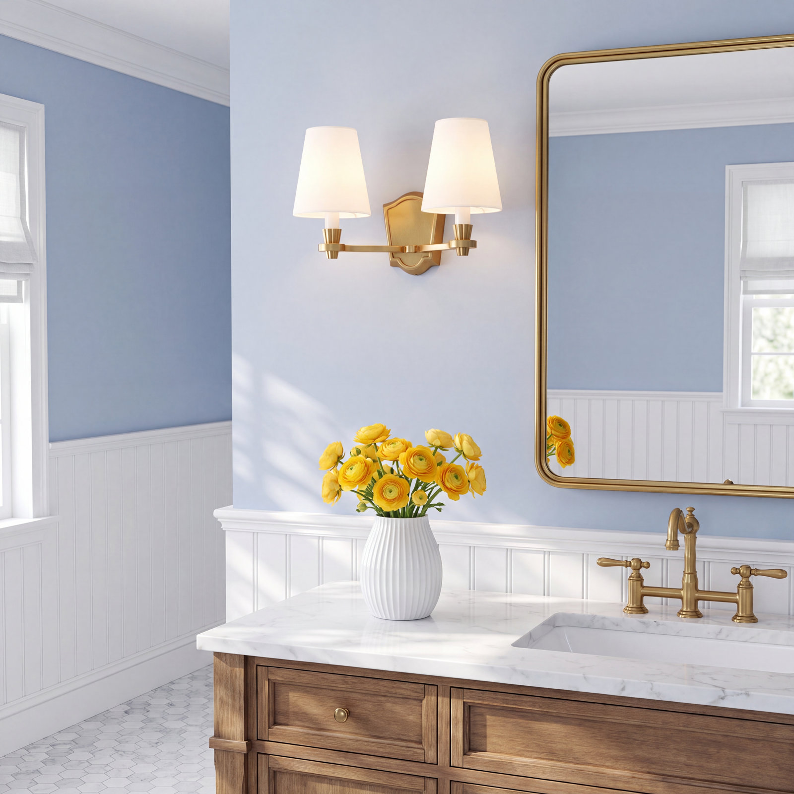 Paisley 2 Light Alabaster Dimmable Vanity Light, Burnished Brass