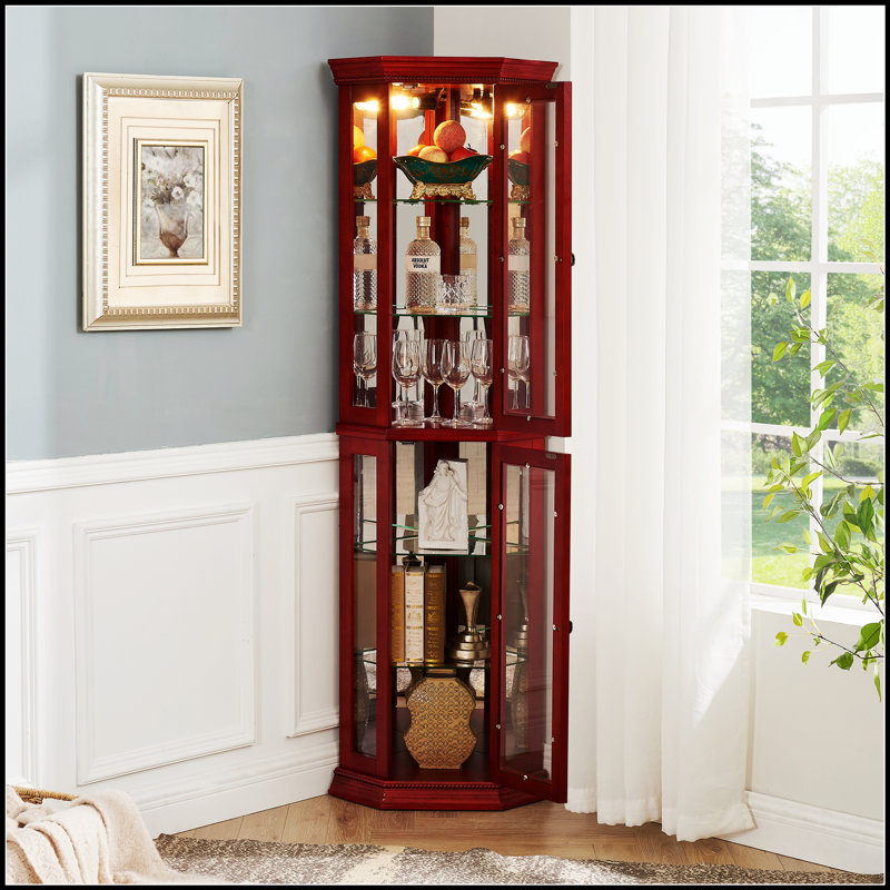 Vitrine de coin avec tablettes en verre éclairées, idéale pour exposer des objets de collection et maximiser l'espace de coin.
