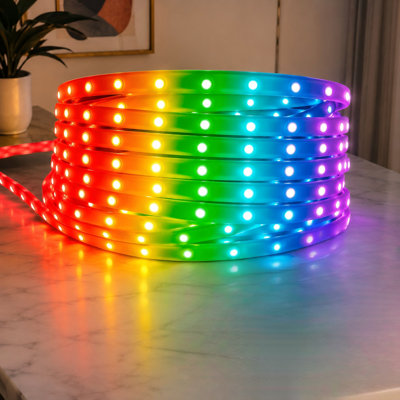 Multi-color RGB rope lighting in a 16.4ft 5V USB strip, with remote and app control, self-adhesive flexible construction, 150+ dynamic effects, and use as TV backlighting or room decor for bedrooms, living rooms, and holidays.
