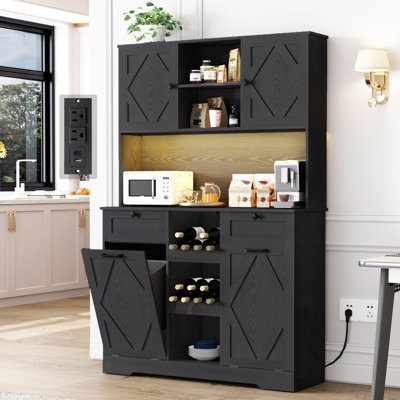 71" Tall Pantry Cabinet With LED Light & Charging Station, 12.5 Gallon Double Trash Cabinet With Storage, 47.2" Wide Kitchen Hutch Cabinet With Microw