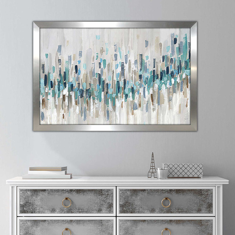 «Blue Staccato» par Katrina Craven - Peinture, Impression encadrée, H 33,5 po x l 49,5 po, Argent argent